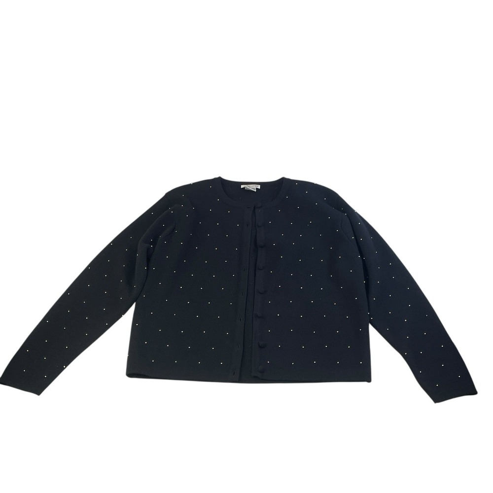 Talbots Black Merino Wool Cardigan Gold Stud Minimalist Classic Large Vintage